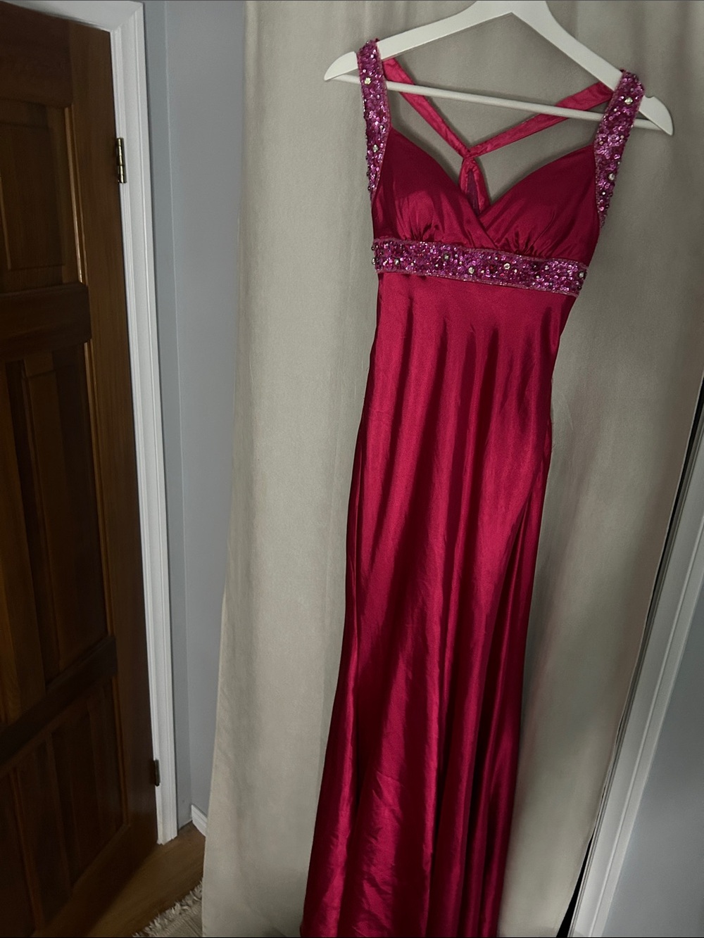Embellished Fuchsia Maxi Dress with Crisscross Back